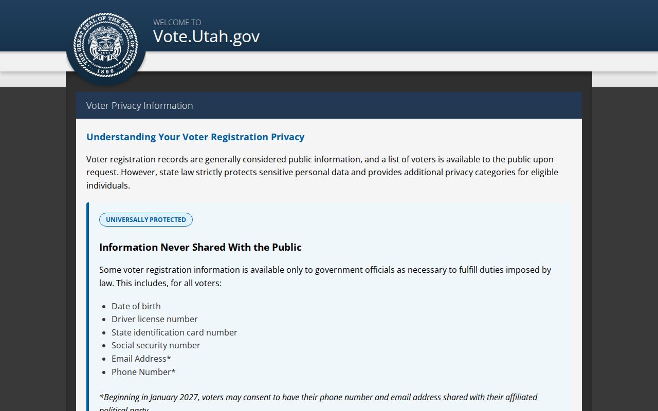 Kearns residents directory Utah voter privacy information and protected fields