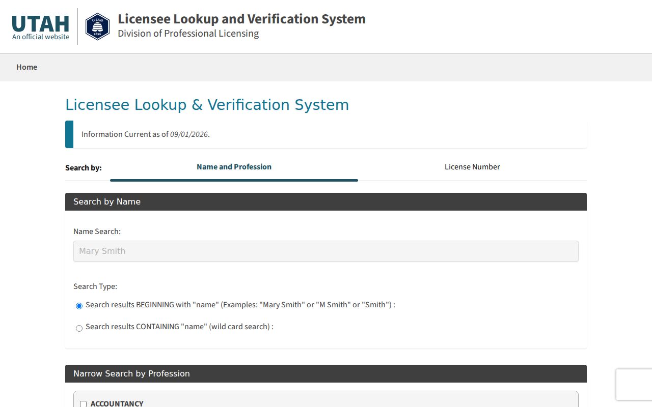 Kearns resident lookup Utah professional license search